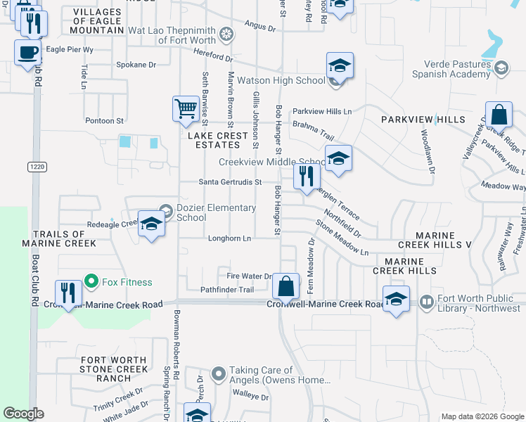 map of restaurants, bars, coffee shops, grocery stores, and more near 6607 Gillis Johnson Street in Fort Worth