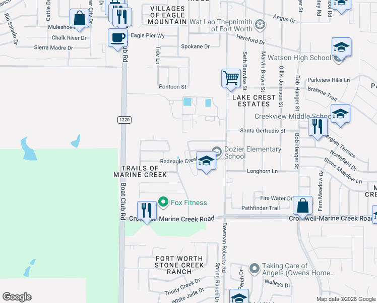 map of restaurants, bars, coffee shops, grocery stores, and more near 6273 Thunderwing Drive in Fort Worth