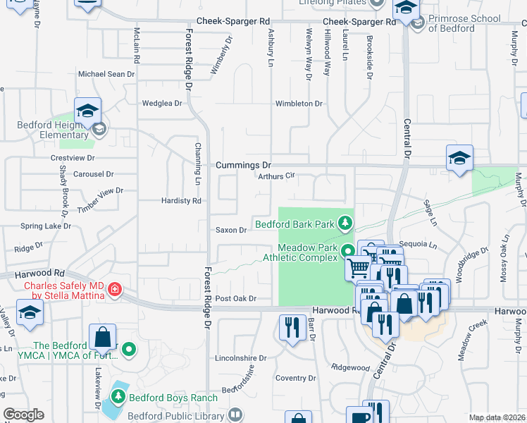map of restaurants, bars, coffee shops, grocery stores, and more near 3409 Norman Lane in Bedford