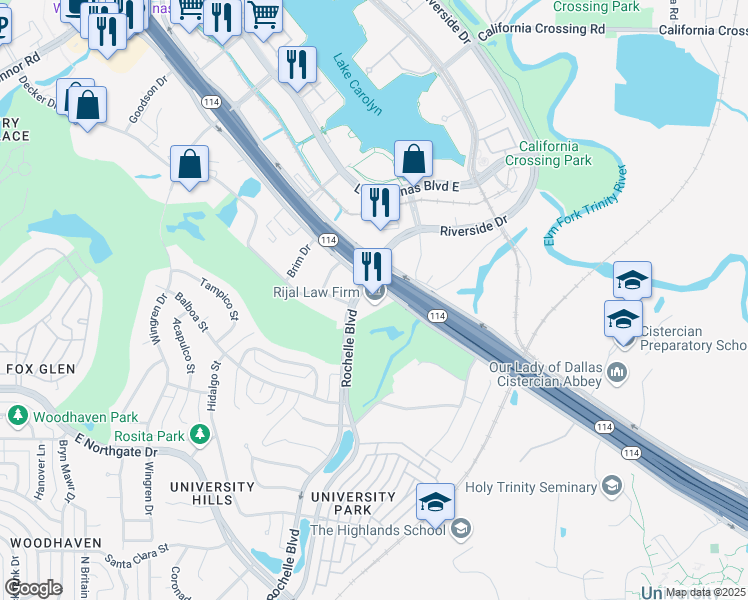 map of restaurants, bars, coffee shops, grocery stores, and more near 600 East John Carpenter Freeway in Irving