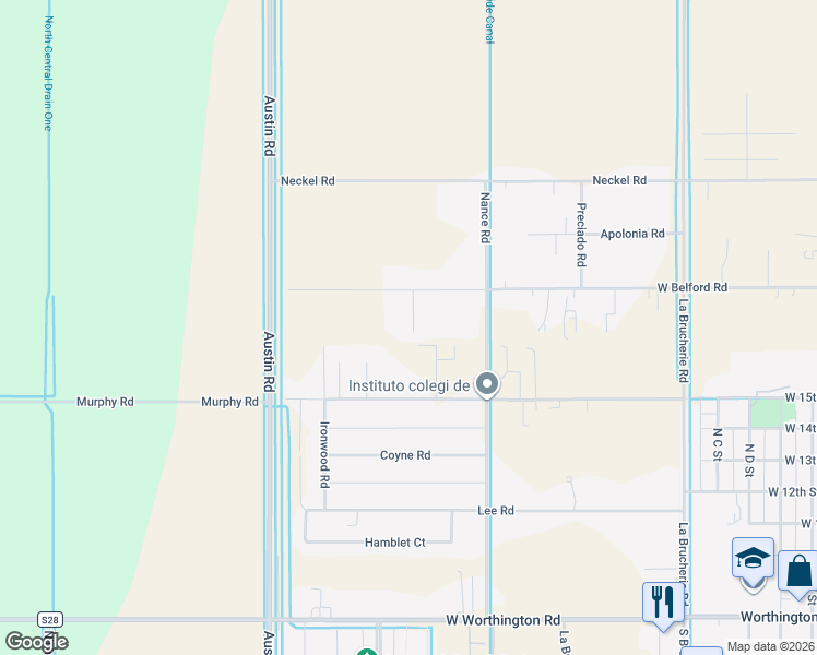 map of restaurants, bars, coffee shops, grocery stores, and more near 627 West Belford Road in Imperial