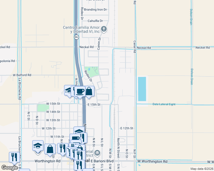 map of restaurants, bars, coffee shops, grocery stores, and more near 410 Roadrunner Lane in Imperial