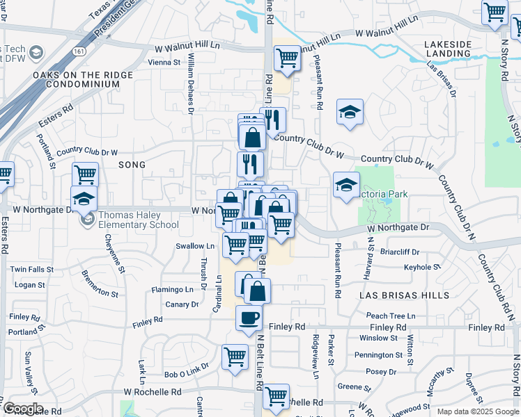 map of restaurants, bars, coffee shops, grocery stores, and more near N Belt Line Rd & W Northgate Dr in Irving