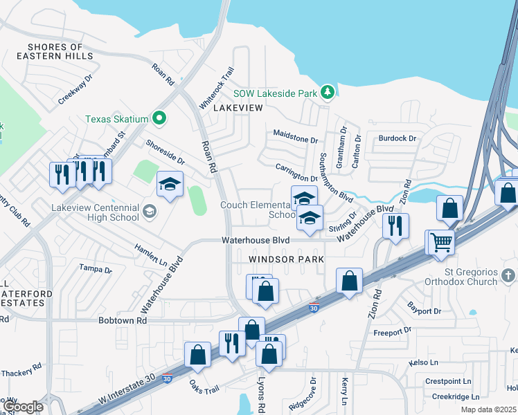 map of restaurants, bars, coffee shops, grocery stores, and more near 4017 Wynford Drive in Garland