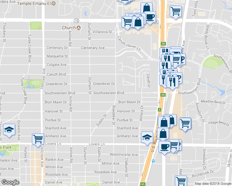 map of restaurants, bars, coffee shops, grocery stores, and more near 7142 Southwestern Boulevard in Dallas