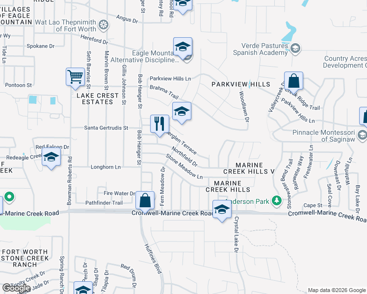 map of restaurants, bars, coffee shops, grocery stores, and more near 5717 Heatherglen Terrace in Fort Worth
