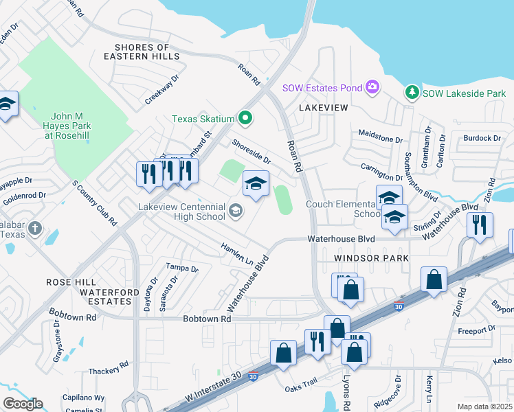 map of restaurants, bars, coffee shops, grocery stores, and more near 3505 Hayman Drive in Garland