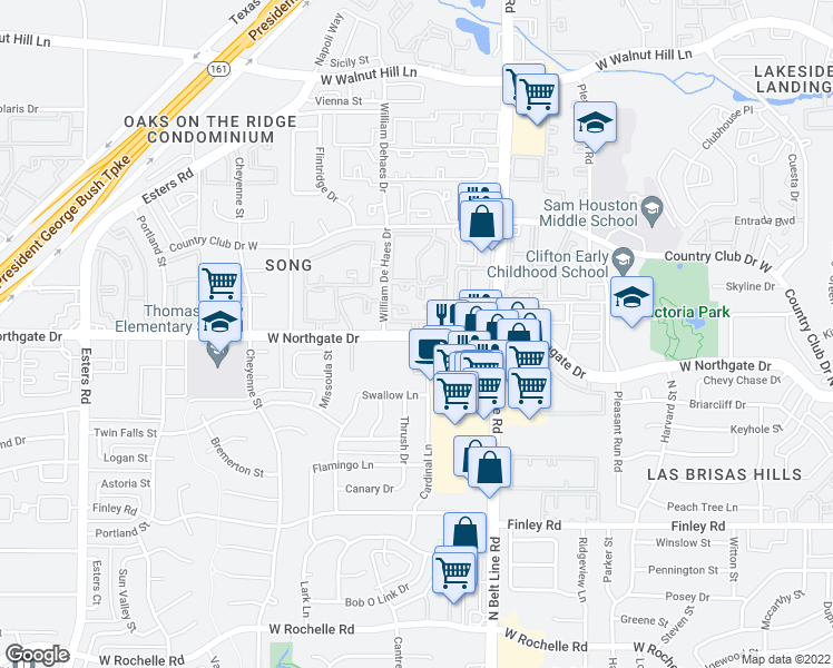 map of restaurants, bars, coffee shops, grocery stores, and more near 3545 West Northgate Drive in Irving