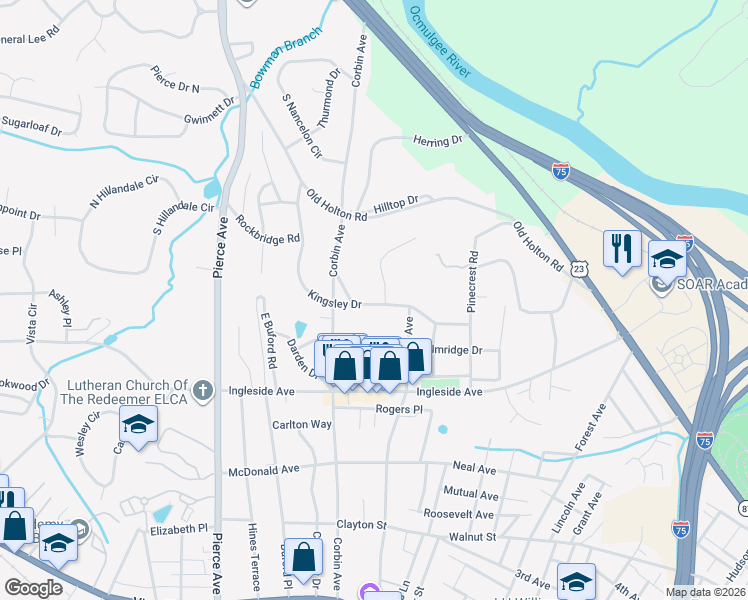 map of restaurants, bars, coffee shops, grocery stores, and more near 2343 Kingsley Drive in Macon