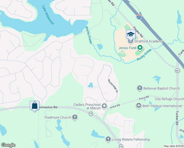 map of restaurants, bars, coffee shops, grocery stores, and more near 159 Ashton Drive in Macon