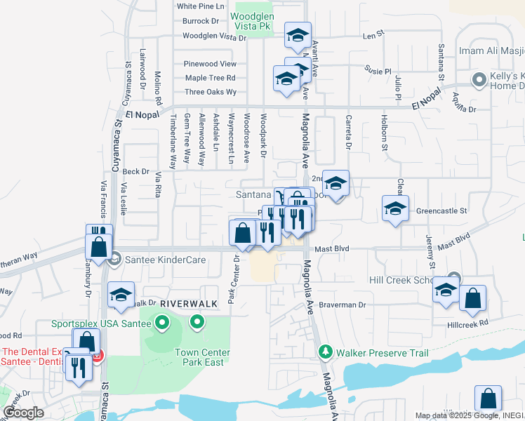 map of restaurants, bars, coffee shops, grocery stores, and more near 10185 Peaceful Court in Santee