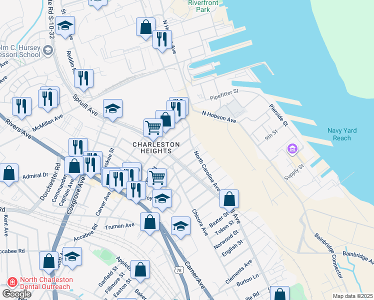 map of restaurants, bars, coffee shops, grocery stores, and more near 3231 North Carolina Avenue in North Charleston