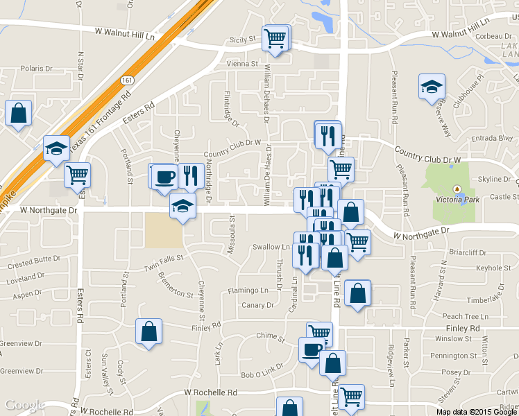 map of restaurants, bars, coffee shops, grocery stores, and more near 3649 West Northgate Drive in Irving