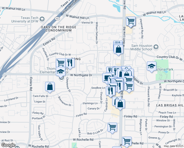 map of restaurants, bars, coffee shops, grocery stores, and more near 3649 West Northgate Drive in Irving