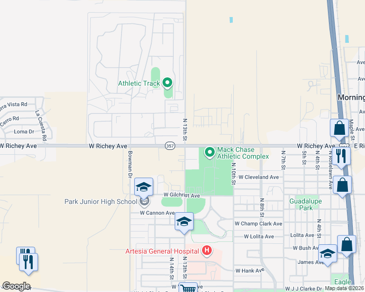 map of restaurants, bars, coffee shops, grocery stores, and more near 1300 West Richey Avenue in Artesia