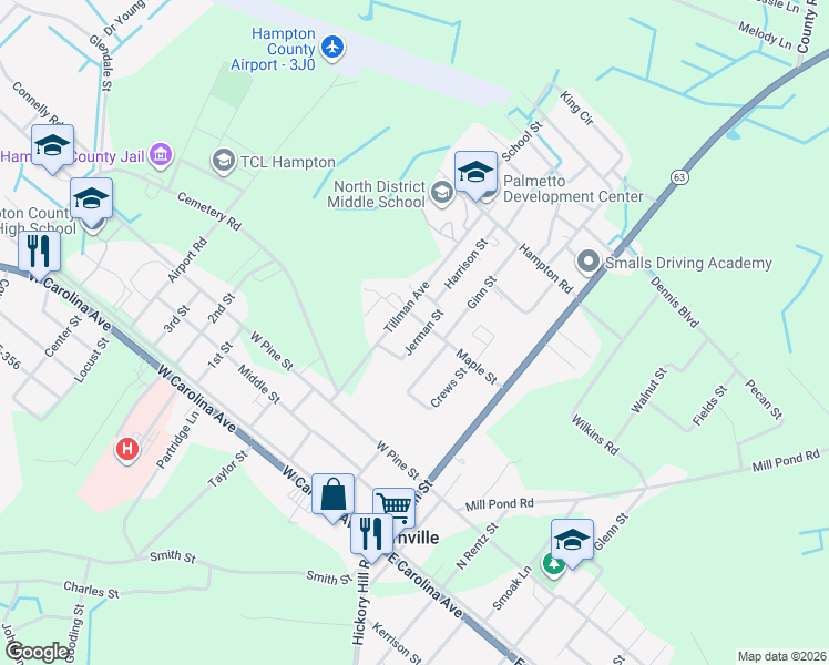 map of restaurants, bars, coffee shops, grocery stores, and more near 245 Tillman Avenue in Varnville