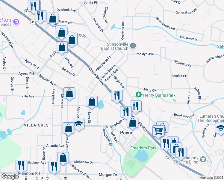 map of restaurants, bars, coffee shops, grocery stores, and more near 3445 Vineville Avenue in Macon
