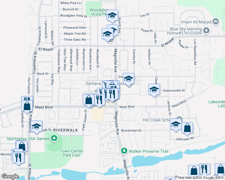 map of restaurants, bars, coffee shops, grocery stores, and more near 10357 Carefree Drive in Santee