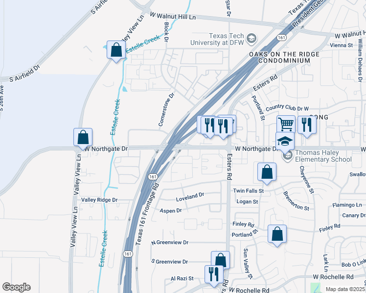 map of restaurants, bars, coffee shops, grocery stores, and more near W Northgate Dr & Texas 161 Frontage Rd in Irving