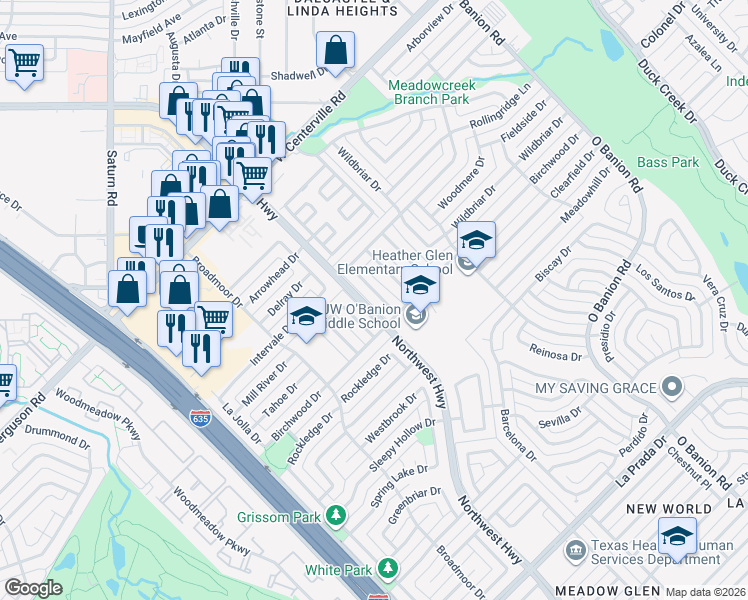 map of restaurants, bars, coffee shops, grocery stores, and more near 5017 Highridge Drive in Garland