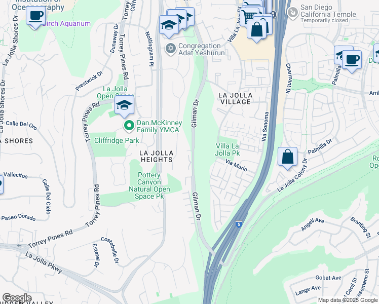 map of restaurants, bars, coffee shops, grocery stores, and more near 8358 Gilman Drive in San Diego