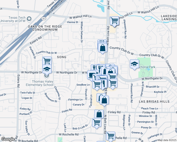 map of restaurants, bars, coffee shops, grocery stores, and more near 3505 West Northgate Drive in Irving