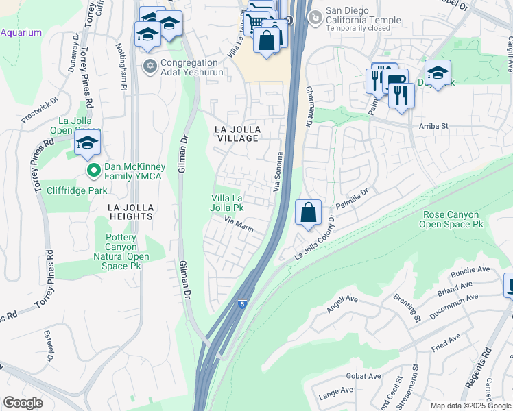 map of restaurants, bars, coffee shops, grocery stores, and more near 8348 Via Sonoma in San Diego
