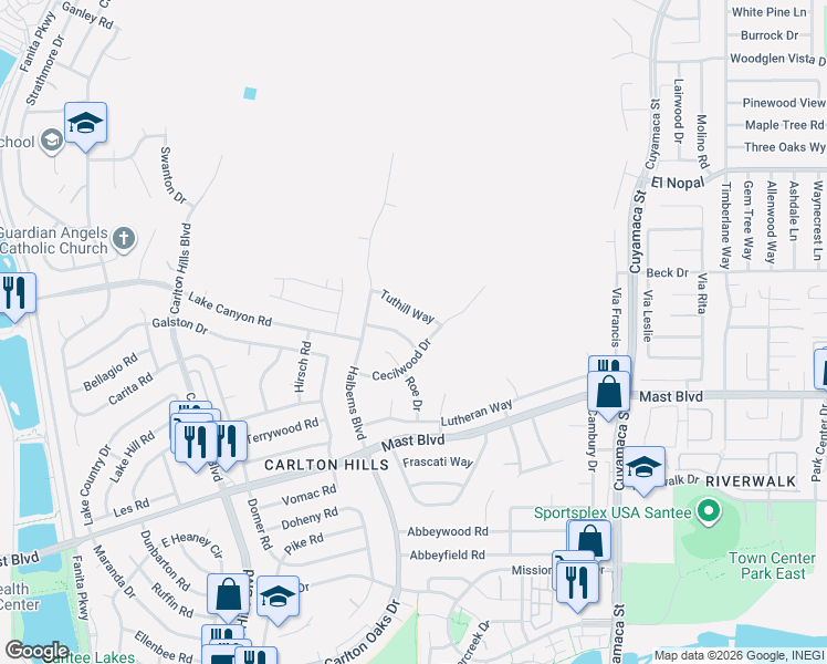 map of restaurants, bars, coffee shops, grocery stores, and more near 9542 Markwood Drive in Santee