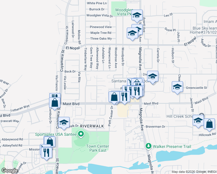 map of restaurants, bars, coffee shops, grocery stores, and more near 10160 Conejo Lane in Santee