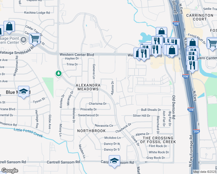map of restaurants, bars, coffee shops, grocery stores, and more near 6216 Geneva Lane in Fort Worth