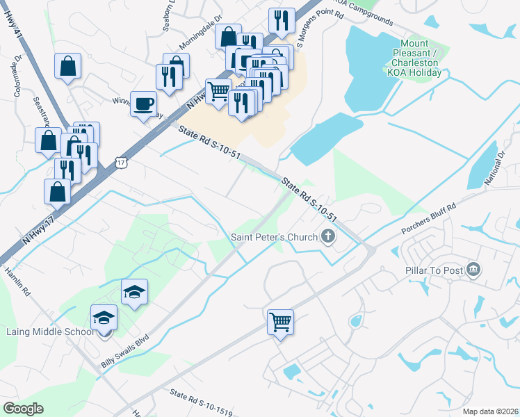 map of restaurants, bars, coffee shops, grocery stores, and more near 1221 Porchers Bluff Road in Mount Pleasant