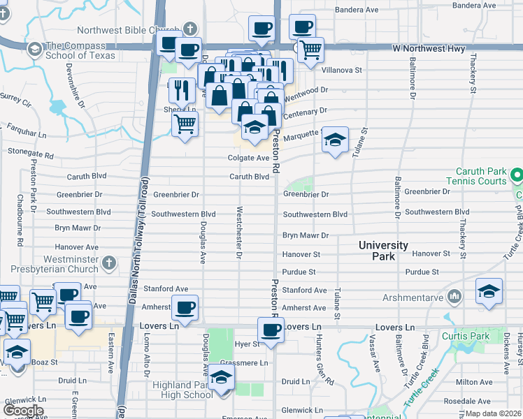 map of restaurants, bars, coffee shops, grocery stores, and more near 4121 Greenbrier Drive in Dallas