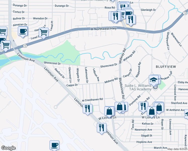 map of restaurants, bars, coffee shops, grocery stores, and more near 8645 Labron Avenue in Dallas