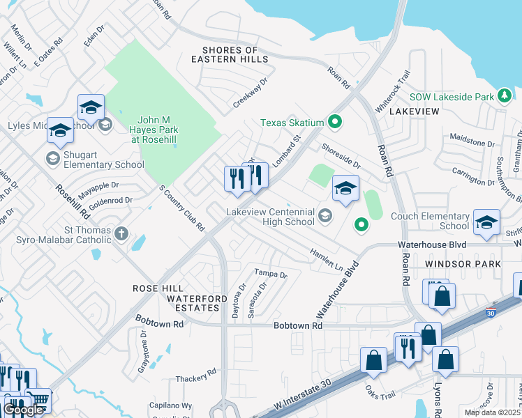 map of restaurants, bars, coffee shops, grocery stores, and more near 1 Hayman Drive in Garland