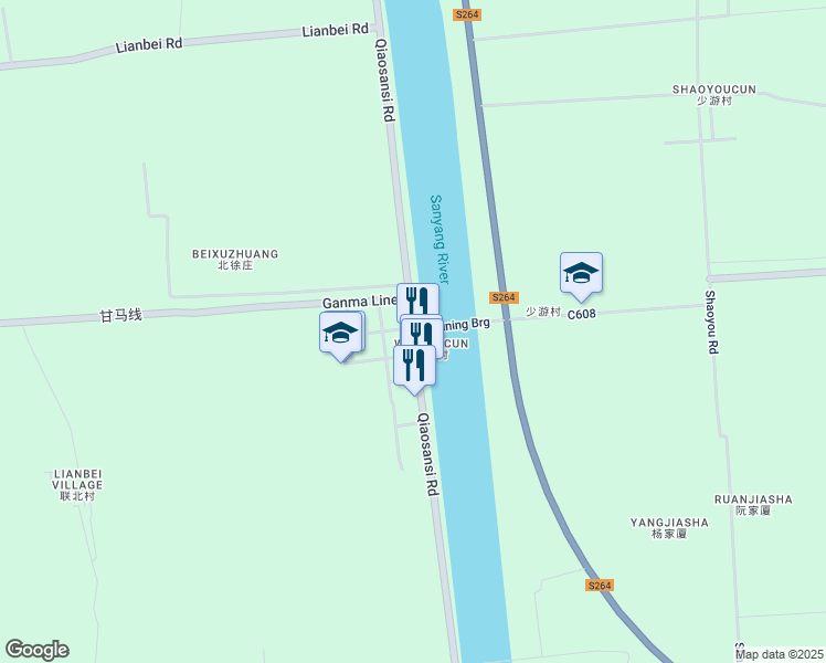 map of restaurants, bars, coffee shops, grocery stores, and more near Wuxi Road in Yangzhou