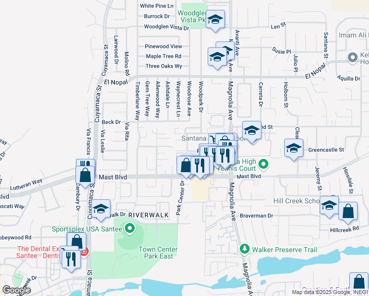 map of restaurants, bars, coffee shops, grocery stores, and more near 10135 Peaceful Court in Santee