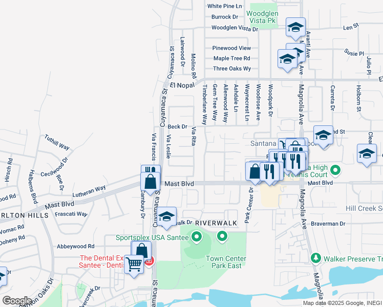 map of restaurants, bars, coffee shops, grocery stores, and more near 9956 Via Debbie in Santee