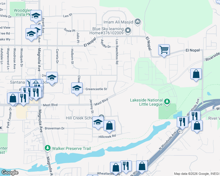 map of restaurants, bars, coffee shops, grocery stores, and more near 9925 Donner Street in Santee