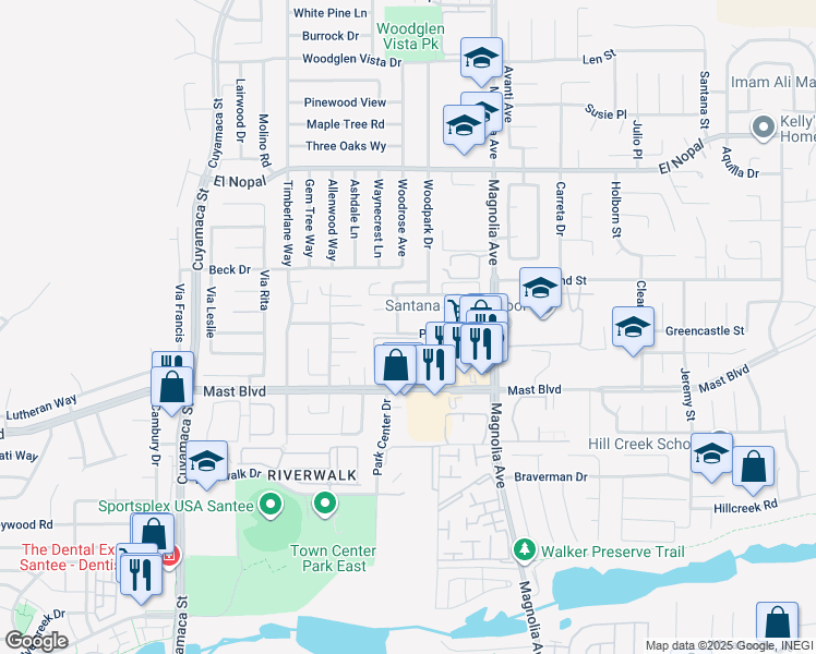 map of restaurants, bars, coffee shops, grocery stores, and more near 10152 Peaceful Court in Santee