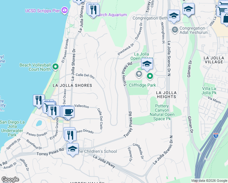 map of restaurants, bars, coffee shops, grocery stores, and more near 8316 Prestwick Drive in San Diego