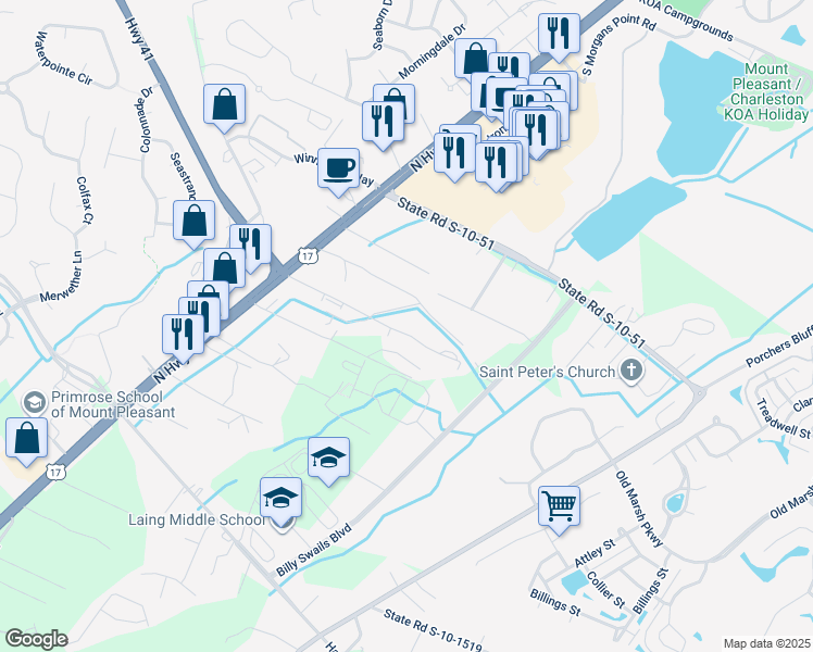 map of restaurants, bars, coffee shops, grocery stores, and more near 1162 Dingle Road in Mount Pleasant