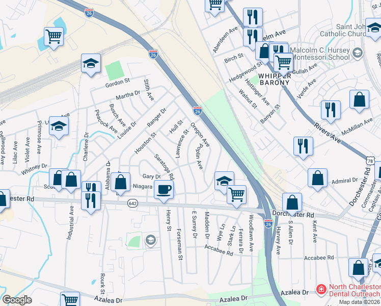 map of restaurants, bars, coffee shops, grocery stores, and more near 2658 Poplin Avenue in North Charleston