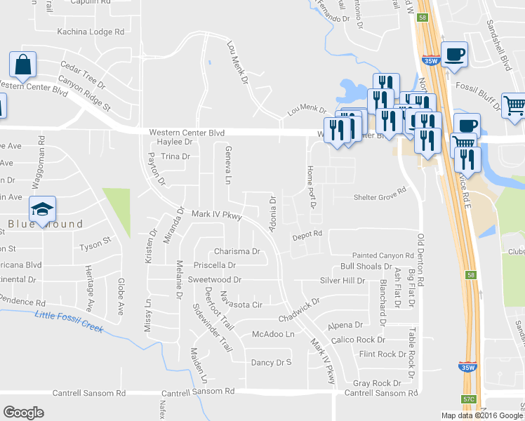map of restaurants, bars, coffee shops, grocery stores, and more near 6240 Geneva Lane in Fort Worth