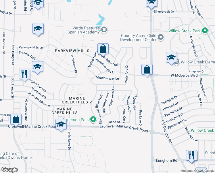 map of restaurants, bars, coffee shops, grocery stores, and more near 4940 Waterford Drive in Fort Worth