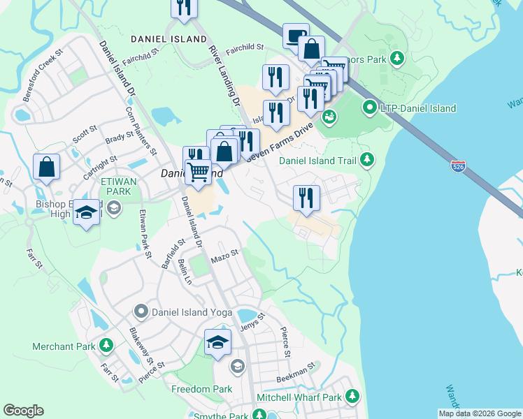 map of restaurants, bars, coffee shops, grocery stores, and more near 135 Pier View Street in Charleston
