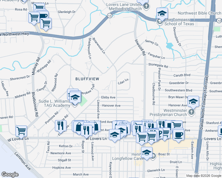 map of restaurants, bars, coffee shops, grocery stores, and more near 4912 Briarwood Place in Dallas