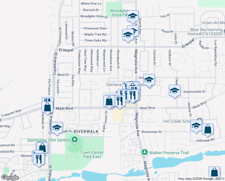 map of restaurants, bars, coffee shops, grocery stores, and more near 10135 Peaceful Court in Santee
