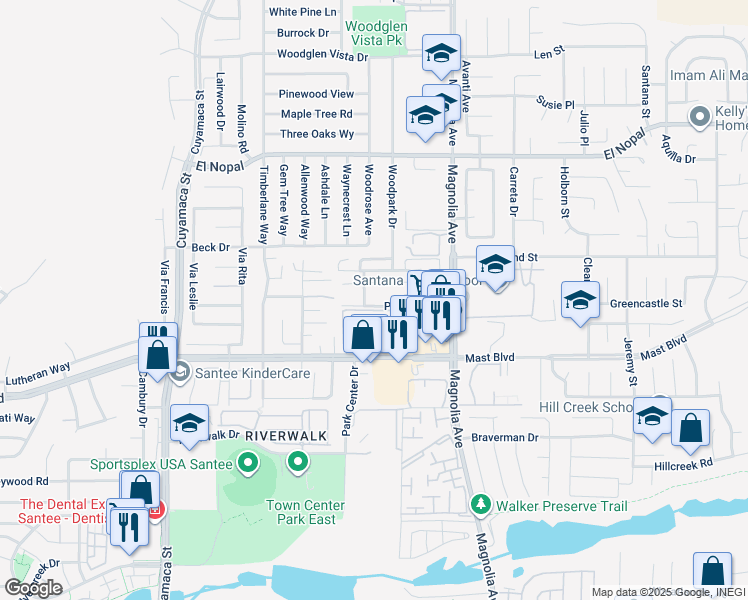 map of restaurants, bars, coffee shops, grocery stores, and more near 10152 Peaceful Court in Santee