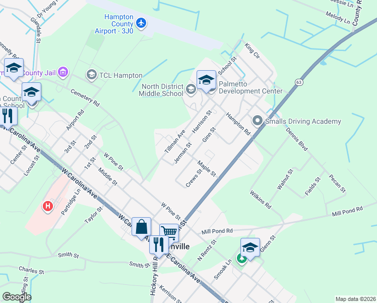 map of restaurants, bars, coffee shops, grocery stores, and more near 214 Maple Street in Varnville