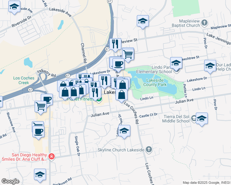 map of restaurants, bars, coffee shops, grocery stores, and more near 13435 Los Coches Road in Lakeside